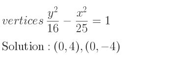 The vertices (y^2)/(16)-(x^2)/(25)=1 is (0,4),(0,-4)
